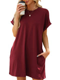 Women'S Summer Casual T Shirt Dresses Short Sleeve Tunic Swing Dress Pockets Loose Fit Sundress Solid Color Winered Size M