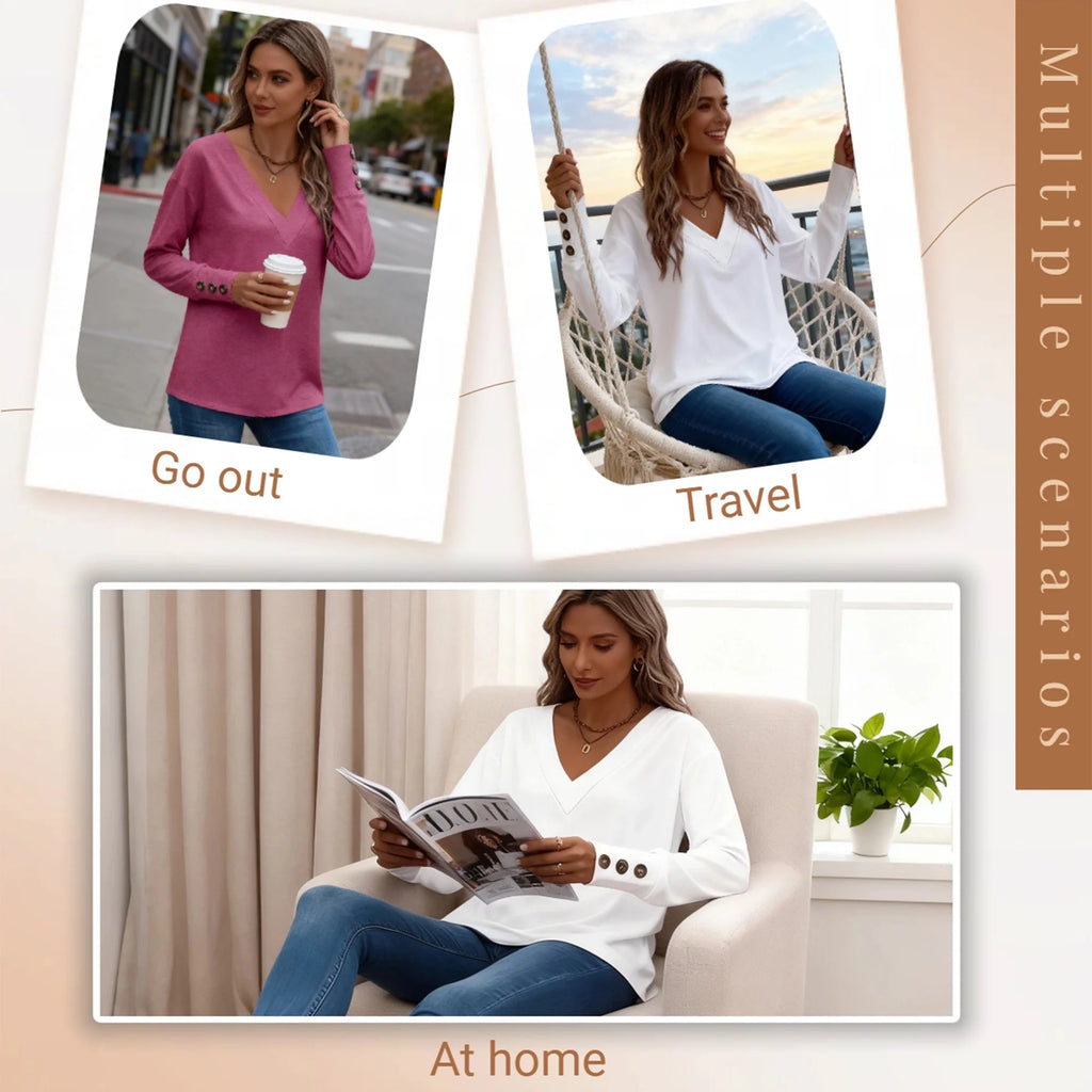 Fall Blouses for Women V Neck Dressy Casual Shirts Loose Fit Long Sleeve Button Tops