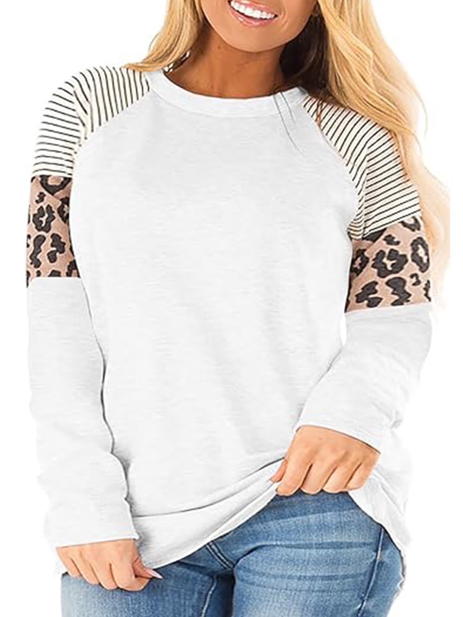 Plus Size Tops for Women Long Sleeve Crewneck Fall Tshirt Shirts Striped Print Fashion Tunic Blouse Tee for Woman Clothing