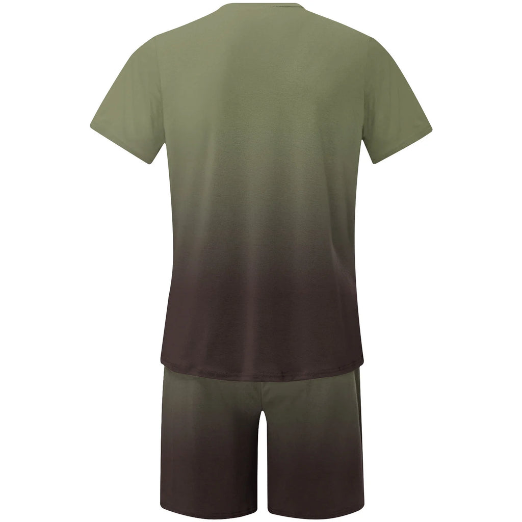 Mens Summer 2 Piece Tracksuit Gradient Color Crew Neck Pull-On Tee Tops and Double Pockets Plain Shorts Vacation Workout Shirts Sets