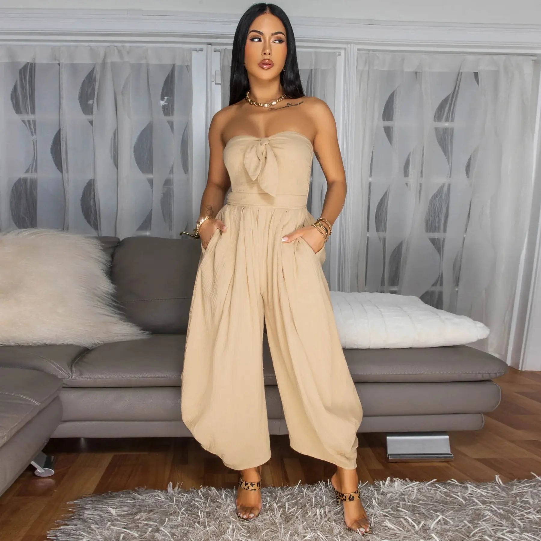 Echoine Strapless Tube Top Jumpsuit Women'S Backless Smocked Waist Harem Pants One Piece Overalls with Side Pockets Fashionable Summer Beach Wear Solid Color