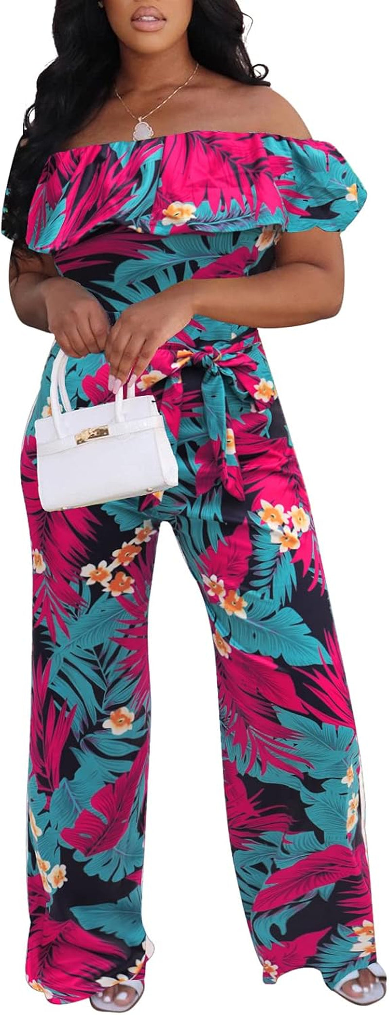 plus Size Jumpsuits for Women Sexy off the Shoulder Floral Print Ruffle Wide Leg Pants Suits