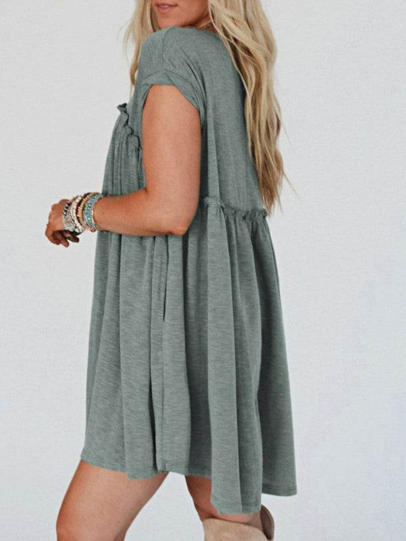 Viscose Green Frilled Seam Pocket T Shirt Dress