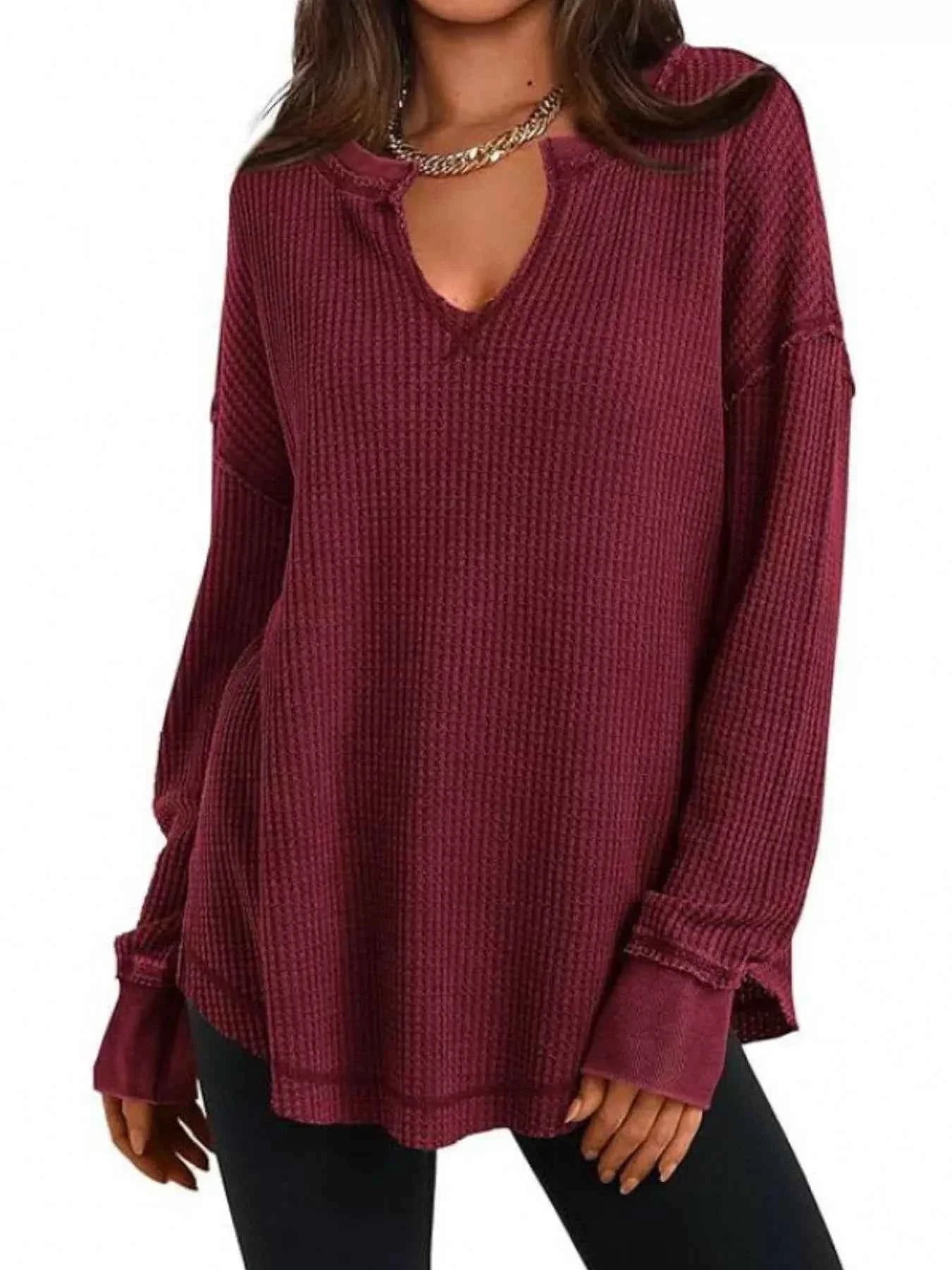 Slit Notched Long Sleeve T-Shirt