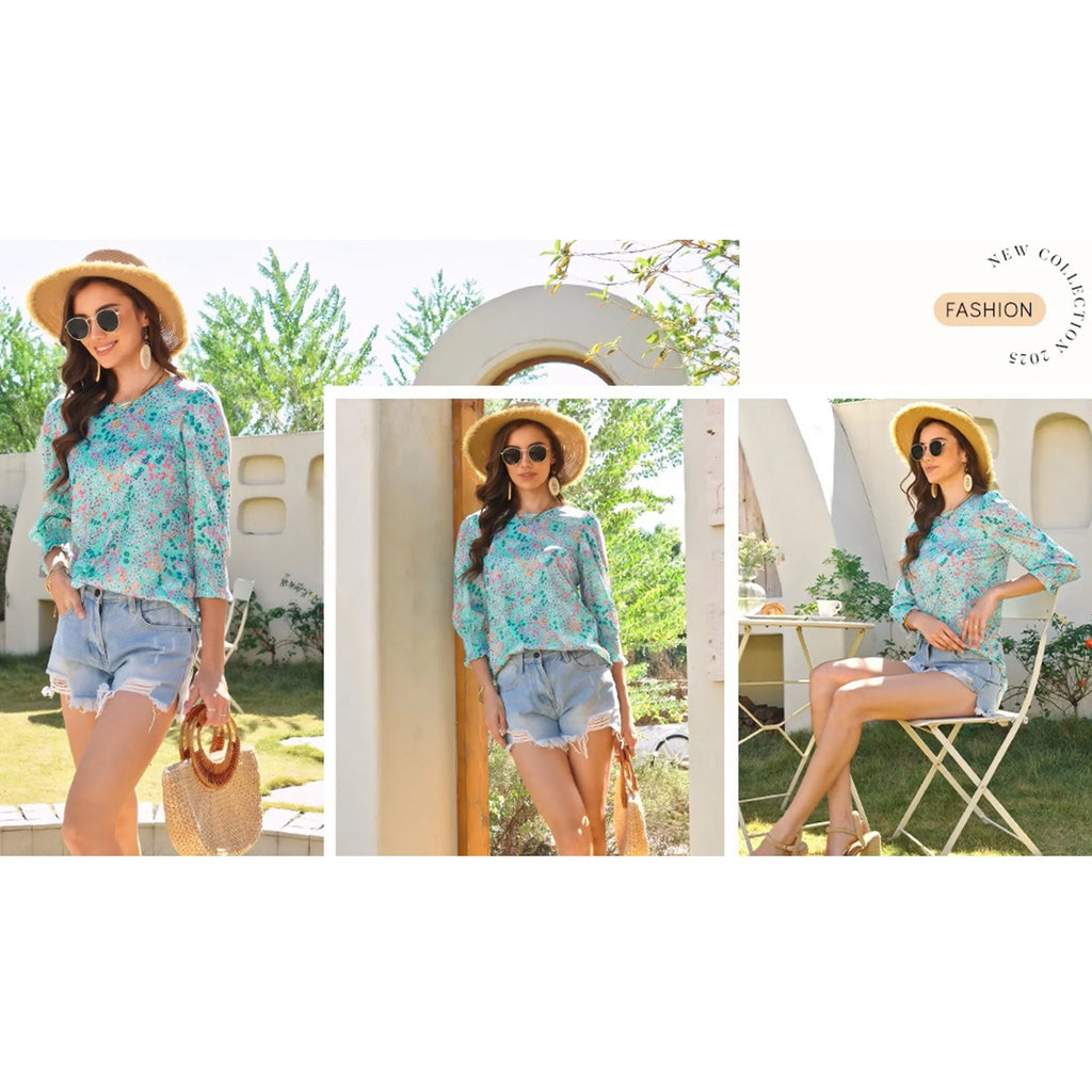 Summer Blouses for Women 3/4 Sleeve Shirts Ladies Casual Crew Neck Womens Tunic Tops