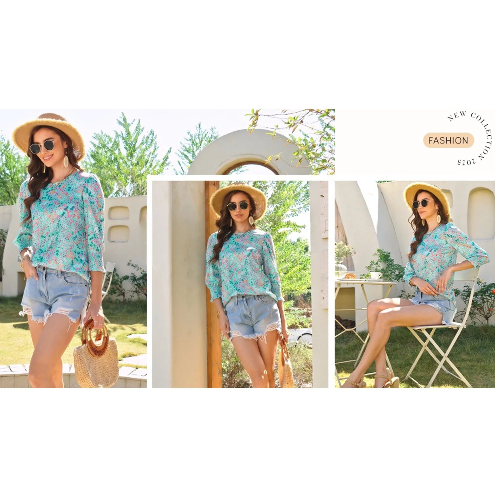 Summer Blouses for Women 3/4 Sleeve Shirts Ladies Casual Crew Neck Womens Tunic Tops