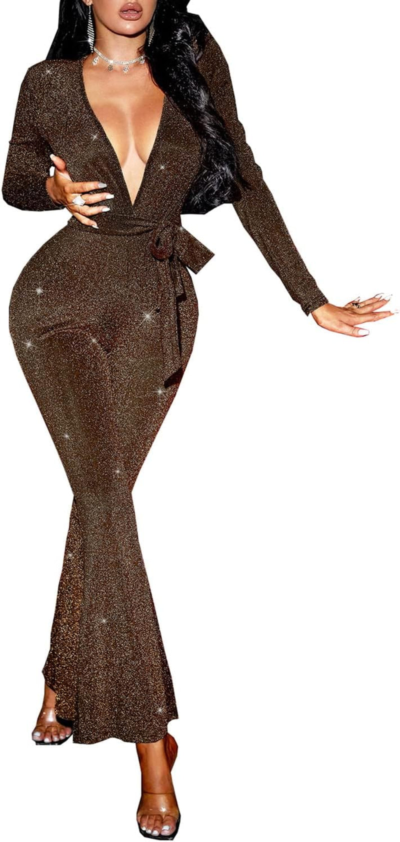 Women'S Sexy Sparkly Jumpsuits Long Sleeve Elegant Party High Waisted Bell Pants Clubwear Jumpsuit Rompers(Medium.10930 Gold)