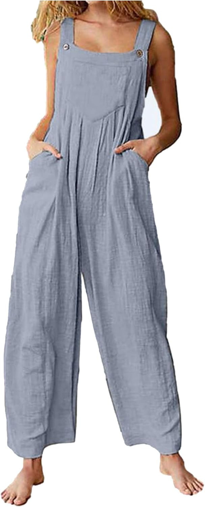 Women'S Linen Bib Overall Romper Wide Leg Rompers Plain Jumpsuit Overall Rompers with Pockets Adjustable Buttons Romper