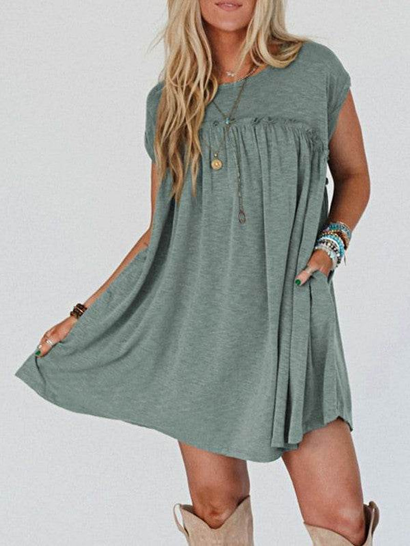 Viscose Green Frilled Seam Pocket T Shirt Dress