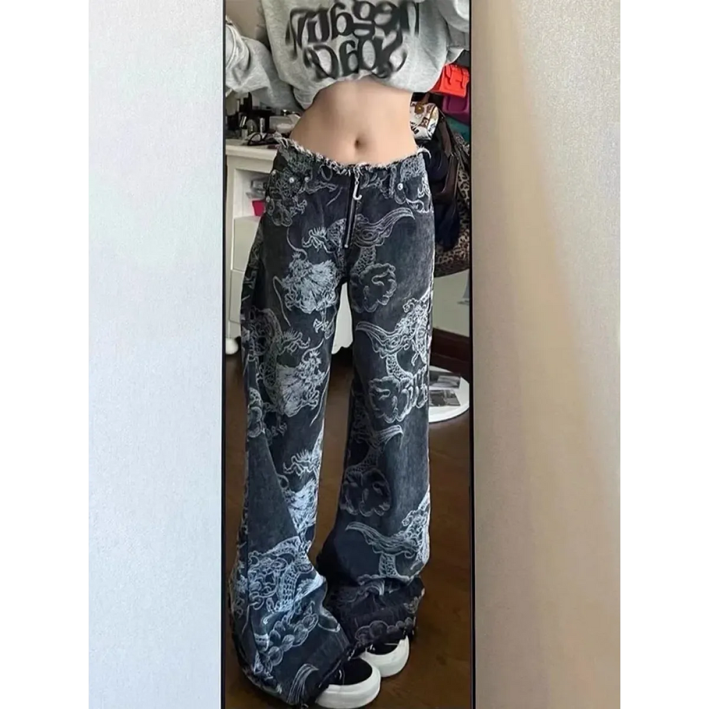 Gothic Dragon Print Baggy Jeans – Harajuku Y2K Aesthetic Denim