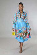 Pleated Print Long Sleeve Mid-Calf Lapel Standard-Waist Pullover Dress