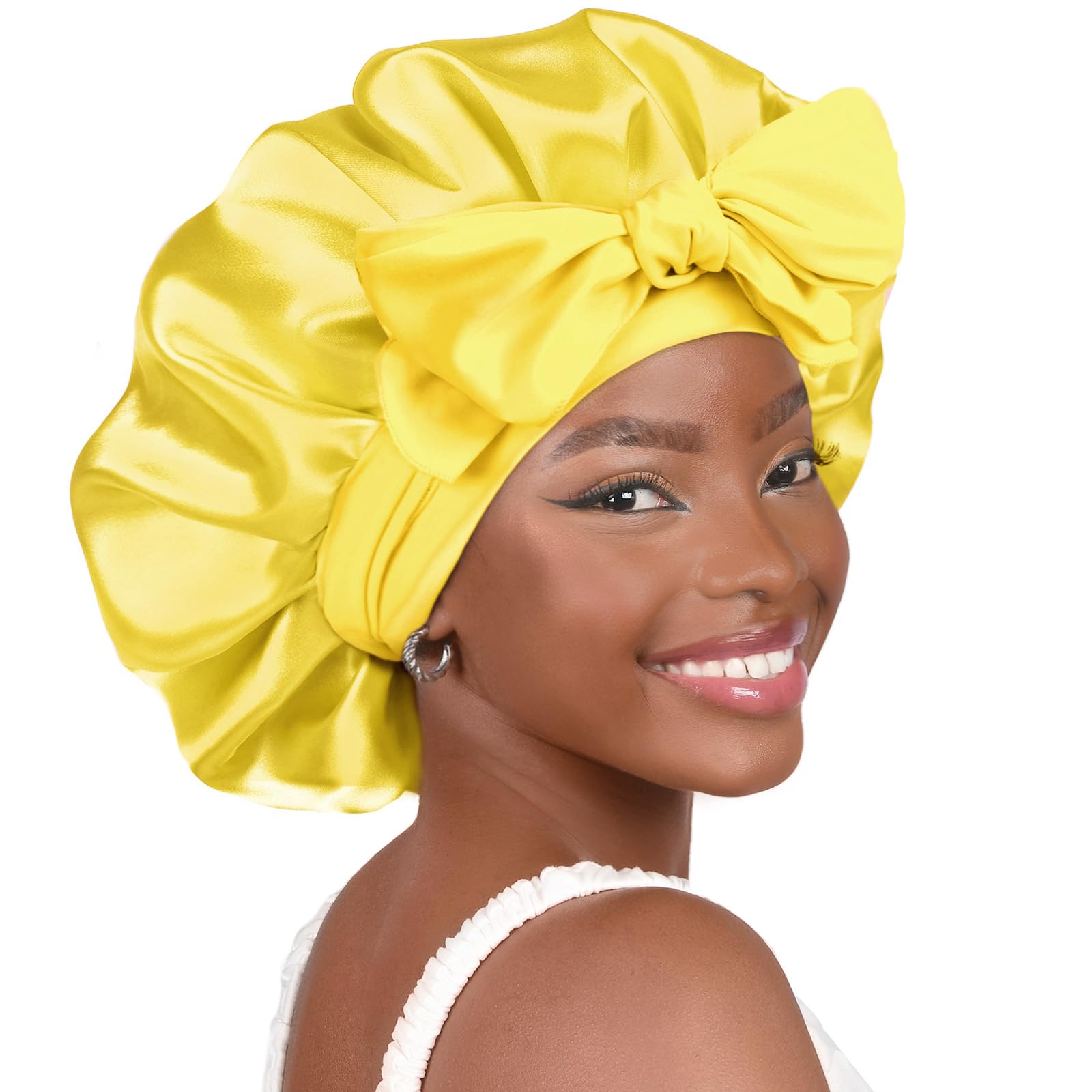 YANIBEST Silk Bonnet for Sleeping Women Satin Bonnet Double Layer Satin Lined Hair Bonnet with Tie Band Curly Hair Blush Pink